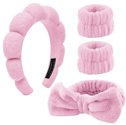 4 Stück Haarband Kosmetik,Spa Stirnband Make Up Schwamm Set Damen, Hautpflege Stirnband Waschen Gesicht Wristband Set Für Frauen Schönheit Mädchen Yoga Sport Dusche Make-up-Entfernung (Rosa)