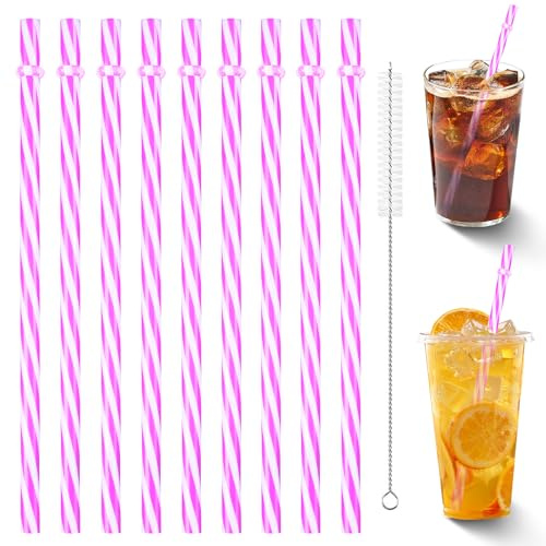 23 cm Bunte Wiederverwendbare Strohhalme,Strohhalme Plastik mit Strohhalmbürste,Verdickte Trinkhalme Plastik, für Smoothies, Saft, Cocktail, Heißgetränk (Rosa,25 Stück)