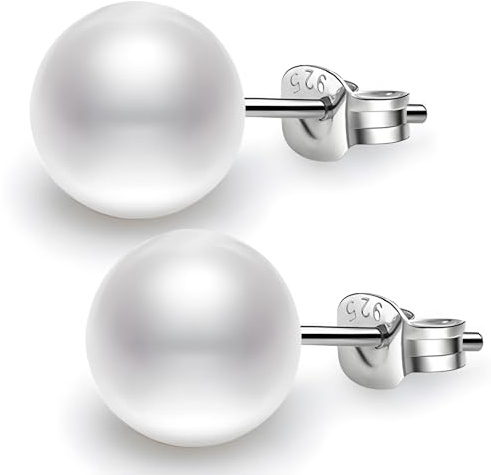 MOTIBACK S925 Sterling Silver Pearl Stud Earrings for Women Girls with Elegant White Pearl 10mm