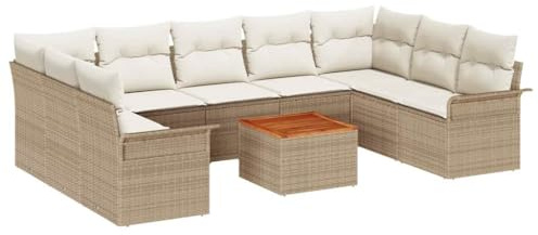 vidaXL 10-delat modulärt trädgårdsoff-set med kuddar beige polyrotting | Väderbeständiga utomhussittplatser lättskötta avtagbara fodral eleganta patio-möbler familjevänlig soffa sektionero