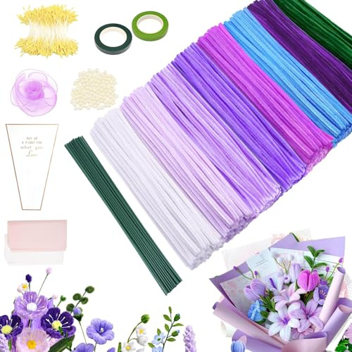 500 Stück Pfeifenreiniger Blumen Set, 8 Farben Pfeifenputzer zum Basteln Pipe Cleaner mit 20 Stück Grünem Bastelfaden, Schleifenband, Blumen Staubblatt für Blumenstrauß DIY Dekorationen, (Lila/Grün)