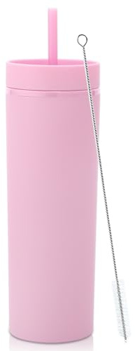 Volhoply Vaso delgado de plástico de 20 onzas, vasos de doble pared con tapa y popote, taza de café helado de viaje reutilizable, tazas de agua de acrílico mate sin BPA con popote para fiestas