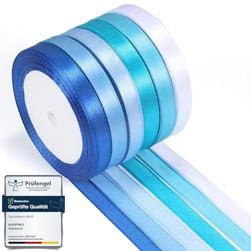 ihaspoko Blau und Weiß Satinbänder, 6 Größen Breites, 22m | Satinband, Schleifenband für Geschenkverpackung, Hochzeit, Party, Blumen, Tischdeko und kreative DIY-Projekte