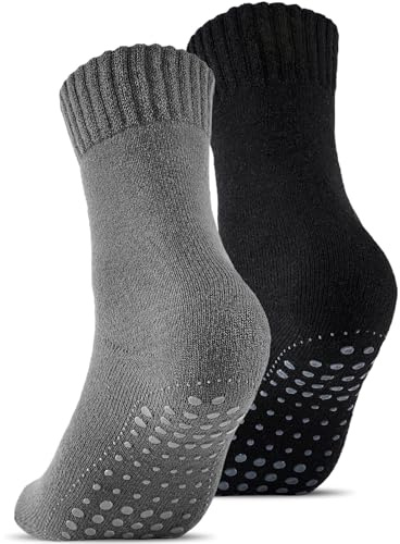 Stoeury 2 Pares de Calcetines ABS con Lana Unisex, Calcetines Térmicos de Bucle Completo, Antideslizantes, Gruesos y Cálidos para Invierno y Hogar, Negro y Gris Oscuro, 43-46