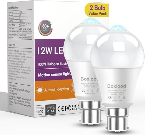 Boxlood PIR Motion Sensor Light Bulb, B22 Bayonet, 100W Equivalent, 6000K Cool White, Security Lighting for Front Door, Hallway, Basement(2 Pack)