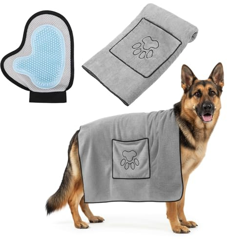 RoxNvm Asciugamano Cane, Asciugamano per Cani con Guanti per Lavare i Cani, Asciugamani per Cani 100 x 50 CM, Assorbe e Asciuga Rapidamente Asciugamani Microfibra, Guanto Pelo Gatto, per Cani e Gatti