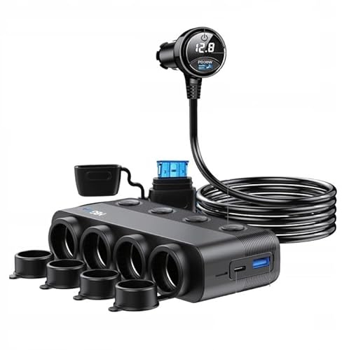 MBG line® Kfz-Zigarettenanzünder-Verteiler | 4 Steckdosen & 3 USB-Anschlüsse | Schnellladeadapter mit Voltmeter | 12V/24V Power Hub