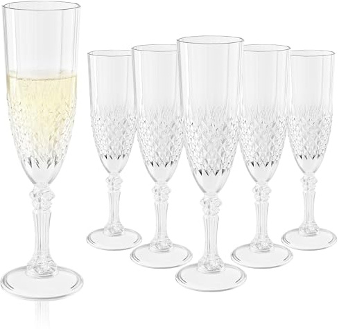 XXUE Plastic Champagne Flutes Set of 6, 200ml Clear Champagne Glasses Unbreakable Shatterproof Reusable, Mimosa Prosecco Wine Stemware for Valentine's Day Wedding Toasting Bachelorette Party Holidays