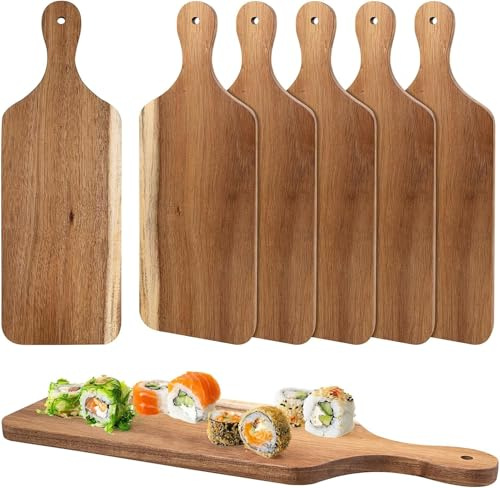 6 Pcs Acacia Wood Serving Board, 45 x 15 CM Wooden Serving Platter, Wooden Cutting Boards, Wood Plates, Cheese Boards with Handles for Food, Charcuterie, Vegetable, Appetizer, Engraving Decor
