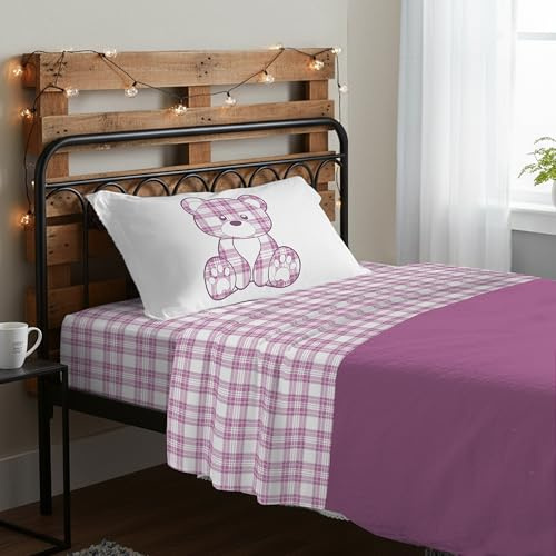 PENSIERI DELICATI Completo Letto Singolo, 100% Cotone Caldo e Morbido, Completo Lenzuola 1 Piazza 90 x 200 cm, Include Lenzuolo sotto, sopra e 1 Federa, Made in Italy, Primavera Orsetto Rosa