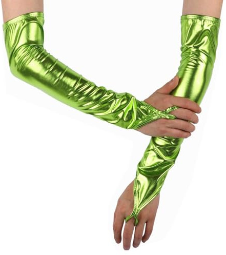 RuiChy Damen Metallic Fingerlose Handschuhe, Lackleder Armstulpen Ellenbogenlang Opernhandschuhe Armwärmer Tanzhandschuhe für Abendparty Maskenball Cosplay Bühnenauftritt Nachtclu Kostüm (Grün)