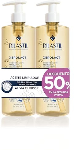 Rilastil - Duplo Xerolact Olio Detergente Protettivo, Deterge Delicatamente e Protegge la Barriera Cutanea, con Olio di Riso e Mandorle, per Pelli Secche e Atopiche - 2 x 750 ml