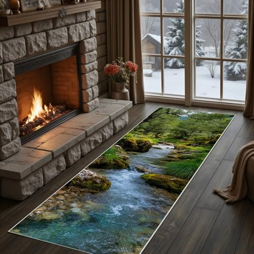 Meugesoi Wald Creek Teppich Läufer, Küchenteppich Moos Felsen Teppiche Waschbarer rutschfest 80x200 cm, Natur Bachtal Teppichläufer, Carpet für Flur Schlafzimmer Küche