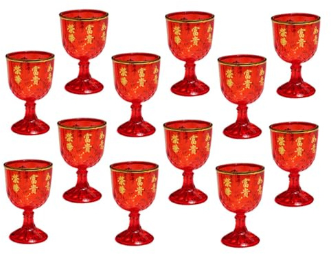 HEALSOPTHY Set 12 Bicchieri da Vino Cinesi in Plastica 40ml, Coppe Tradizionali Rosse per Banchetti e Matrimoni, Tazze da Festa Caratteri Cinesi per Cerimonie e Regali