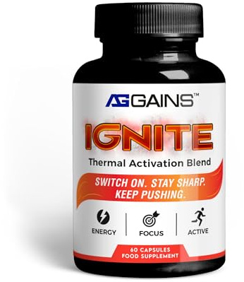 AG Gains Ignite Thermogenic Fat Burner – 60 Vegan Capsules with Green Tea, Guarana, Cayenne & Caffeine, Energy, Focus & Daily Performance Support for Men & Women | Pre-Workout Supplement