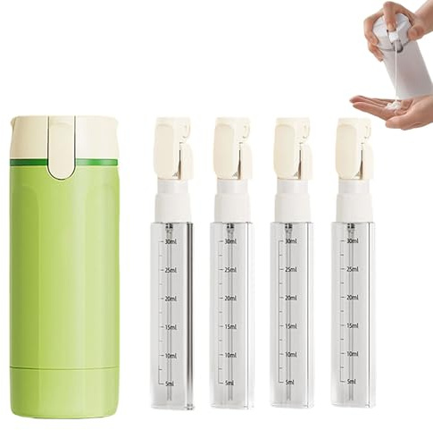 4 en 1 Botellas dispensadoras de viaje rellenables, juego de botellas de viaje a prueba de fugas con escala y etiqueta, botella de viaje con bomba para champú, loción, acondicionador, crema (verde)