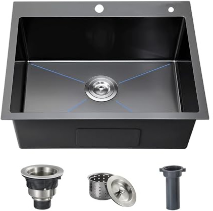 Ecoxsnz Fregadero de cocina 30 x 38 cm, negro, acero inoxidable, empotrado, con 2 agujeros para grifo, pequeño fregadero para cocina, bar, caravana