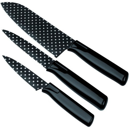 KUHN RIKON 22467 Messer Colori Art CA Polka Dot Küchenmesserset schwarz gepunktet bestehend aus Gemüsemesser 19,5 cm / Küchenmesser gezackt 23,8 cm und Kochmesser 28,7 cm Edelstahl antihaftbeschichtet