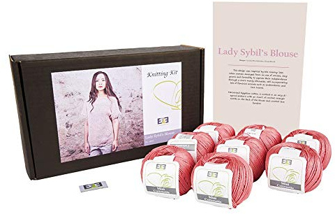 DesignEtte Lady Sybil’s Adults Knitting Kit 100 Percent Mercerized Egyptian Cotton Wool Yarn Balls and Pattern in a Set Beginner Starter Handcrafts Pack Box 50g≈127m/5ply Baby Pink 4, 3XL