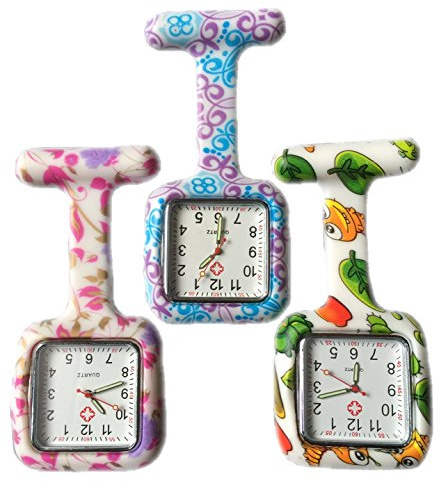 Boolavard® TM 3 x Fleurs Silicone Infirmière Montre Docteur Paramédic Tunique Broche Fob Montre Médicale - Square Flower/Bug/Swirl