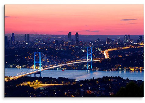 Sinus Art Leinwandbild 90x60cm Urbane Fotografie – Istanbul am frühen Morgen mit Bosporus Brücke