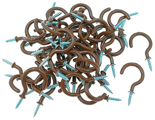 Kinteshun Cup Ceiling Hooks,Medium Size Vinyl Coated Screw-in Open Hooks Hangers(50pcs,1.25 inches,Brown)