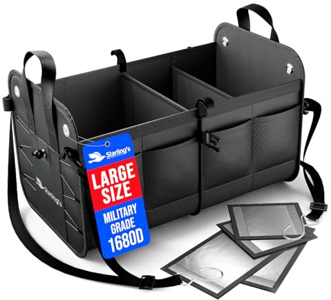 Kofferraumtasche Kofferraum von Starling‘s - Organizer Auto Autotasche Kofferraum Box, Stark Aufbewahrungsbox für Auto, SUV, Verstellbare Fächer, rutschfeste, wasserdichte Böden (Schwarz, 2 Fächer)