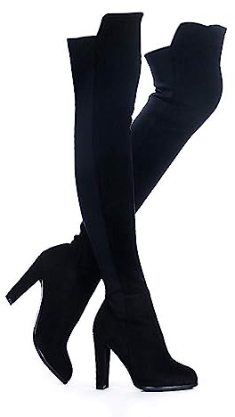Shoe'N Tale Women Faux Suede Chunky Heel Stretch Over The Knee Thigh High Boots(8,Black)