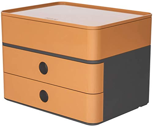 HAN Schubladenbox Allison SMART-BOX plus mit 2 Schubladen, Trennwand sowie Utensilienbox, Kabelführung, stapelbar, Büro, Schreibtisch möbelschonende Gummifüße, 1100-83, hochglänzend caramel brown