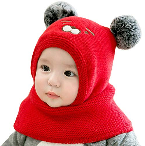 Vobozeany Baby schlupfmütze Warm Niedlich Bär Wintermütze Schalmütze Strickmütze mit Bommel Fleecefutter Beanie Mütze