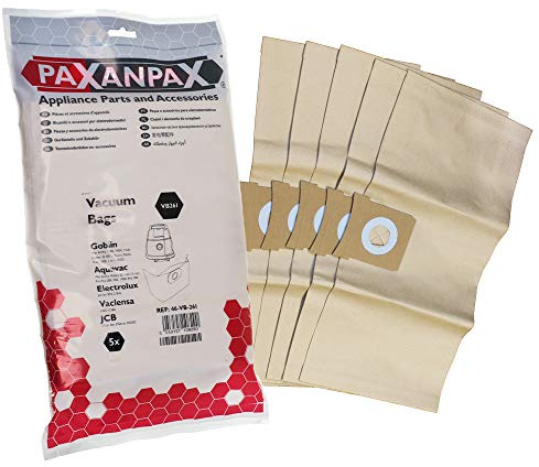 Paxanpax VB261 Compatible Paper Bags for Goblin W&D1000, Exxtra Aquavac Proplus, Hobby, Omega Electrolux 'E72' Z1516 Janitor Series (Pack of 5), Brown, 0 Decibeles
