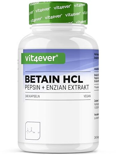 Betaína HCL - 240 cápsulas con 695 mg - Premium: Con pepsina y genciana amarga - Enzimas digestivas de amplio espectro - Alta dosis