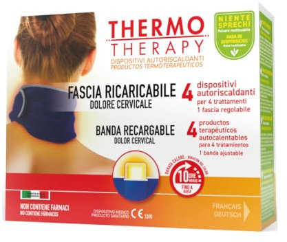 Thermo Therapy Fascia Ricaricabile per Dolori Cervicali, Non Contiene Farmaci, Durata del Calore fino a 10 Ore, Confezione con 1 Fascia Regolabile + 4 Dispositivi Terapeutici Autoriscaldanti