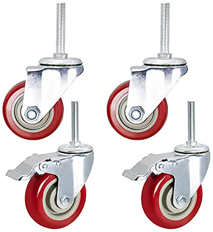 Schwerlastrollen 4 Zoll, M12x60mm Gewinde Verschleißfest 100mm Pu Universal- Drehen Lenkrollen Mit Bremse 540KG Doppellager Industriell Transportrollen Zum Gerüst Werkbank