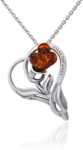 AMBEDORA Collana da Donna Cuore con Rosa, Argento Sterling Ossidato, Rosa Intagliata a Mano in Ambra Baltica, Ciondolo in Argento su Catena con Incisione