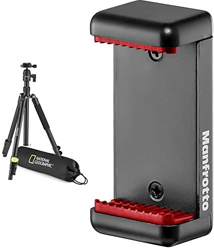 National Geographic Kit Treppiede Da Viaggio Con Monopiede, Alluminio, Gambe 4 Sezioni & Manfrotto MCLAMP - Attacco Universale per Smartphone, Compatto, Pieghevole