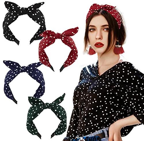BETESSIN 4Stk. Haarreifen Breit Stirnband Damen Punkte Schleife Haarband Rockabilly Kopfband Vintage Haarschmuck für Mädchen Frauen Rot Schwarz Blau Dunkelgrün