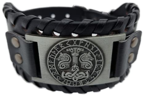 Vikings Thor Mjölnirs hammare vikingarmband med Odin vargar i runcirkel läder svart silver