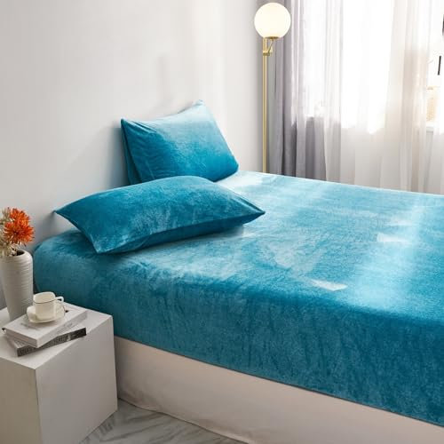 Luofanfei Spannbettlaken 180x200 Boxspringbett Winter Flauschig Warm Flanell Seeblau Blau Warme Kuschelige Plüsch Bettlaken Frottee Fleece Spannleintuch Leintuch Uni Bettspanntuch für Hohe Matratze