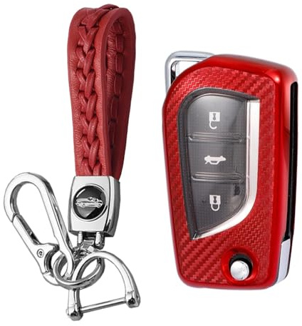 KUNIO Schlüsselhülle für Toyota Yaris, Aygo, Peugeot 108, Citroën C1 - TPU Kohlefaser Schutzhülle Autoschlüssel Hülle Schlüsselanhänger 2 Tasten Rot