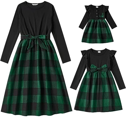 Mutter Tochter Weihnachtskleid Xmas Kariert Familie Passendes Outfit A-Linie Herbst Winter Lang�rm Freizeitkleid Festkleid Mama M�dchen Passend Familie Kleidung Abendkleid Gr�n kariert 3-4 Jahre