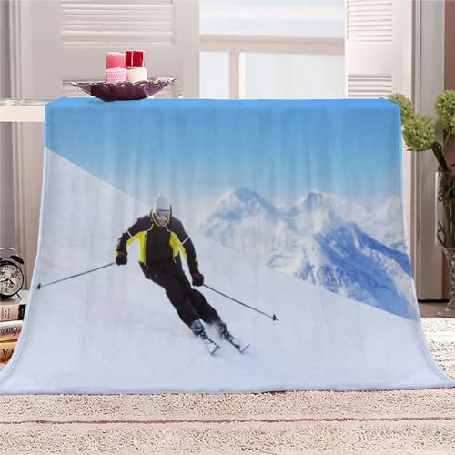 Ski Kinderdecke Wohndecke Wintersport Flanell Fleece Kuscheldecke Flauschig 100x130cm Weiche Warme Sherpa Decke Gemütlich Leicht Sofadecke für Mädchen Jungen Couch Bett Decke