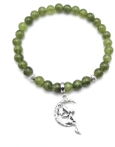 Bracelet Jade émeraude en Pierres Naturelles Qualité AAA | pendentif Petite Fée en acier inoxydable argenté | Elastique | Perles rondes 6 mm | Cadeau Porte Bonheur | Création Artisanale Française