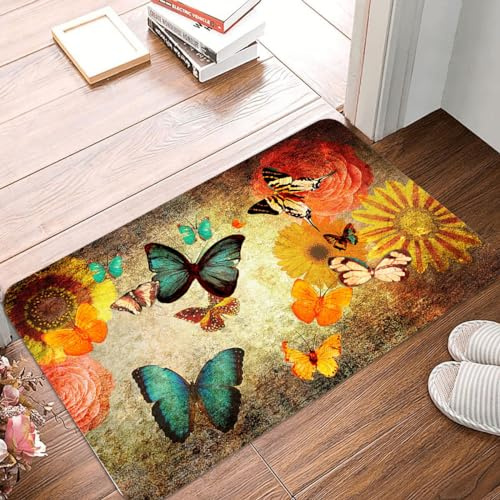 Schmutzfangmatte 90x150cm Retro Gelber Schmetterling Fussmatte Innen rutschfeste Fussmatte Aussen Fußmatte Waschbar Fußmatten Haustür Türmatte für Flur Küche Haustiere Fußmatte Außen