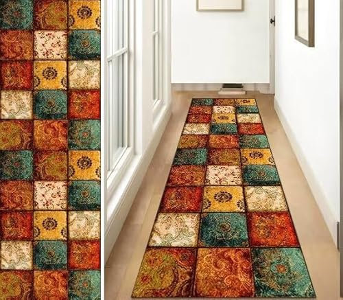 ZUZEKU Läufer Lang Flur rutschfest Teppich Küche Modern Korridor Teppichmatten 100X650cm Boho Bunter Küchenteppich Schlafzimmer Esszimmer Polyester Meterware Anpassbar