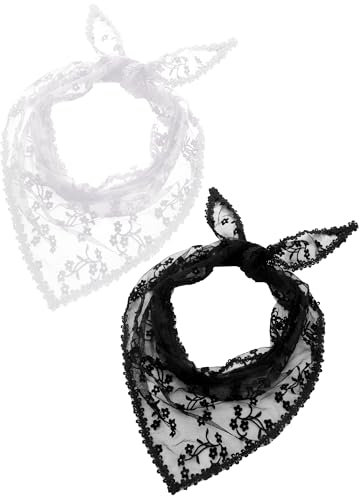 Boao 2 Pieces 1950s Retro Lace Scarf Triangle Neck Scarf Embroidered Lace Wrap Hair Wrap for Women (Classic)