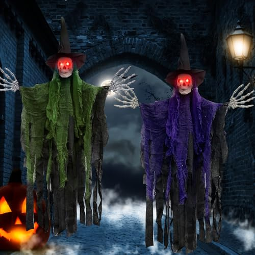 2 Piezas Brujas Halloween Decoración, Esqueleto Colgante Halloween, Interior y Exterior Decoración de Fantasmas Colgantes