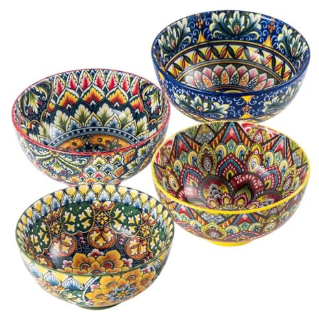 Tazones de Consomé, Juegos de Cuencos - 360 ml, Cuenco de Cerámica para Helado, Arroz, Postre, Cuenco Coloridos para Servir, 4 Unidades - Estilo Bohemio