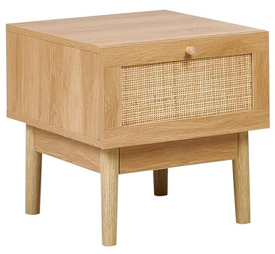 Beliani Mesita de Noche Tablero de partículas Madera de Pino cajón Frente ratán Estilo Boho Madera Clara Nivo