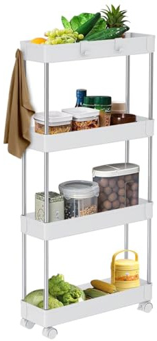 Alex Nash 4-Tier Slim Storage Trolley on Wheels - Rolling Utility Cart with Lockable Wheels - Slide Out Shelving Organiser Unit Rack for Kitchen, Bathroom, Bedroom, Office - Extra Slim, White